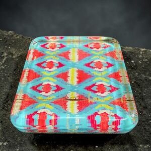 Vibrant Ikat Diamond Glass Decoupage Paperweight Turquoise Yellow Square Boho